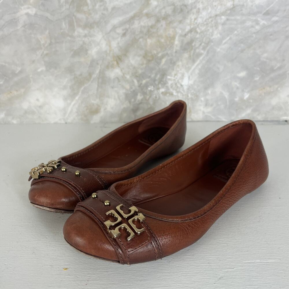 Tory Burch Brown Pebbled Leather Gold Reva Buckle Elina Ballet Flats Size 7M